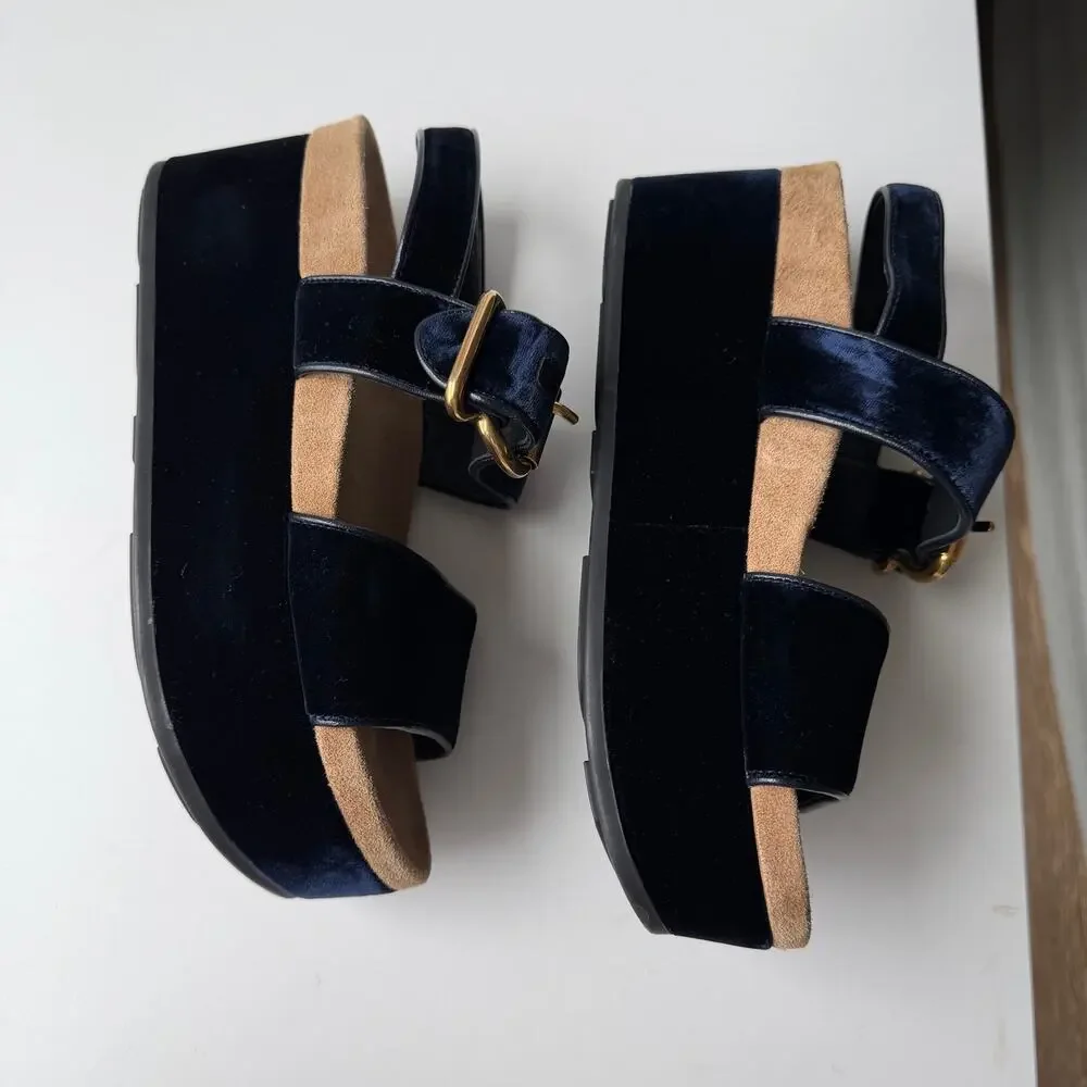 Prada (38) Navy Velvet Platform Sandals Double Strap Gold Buckle Comfortable